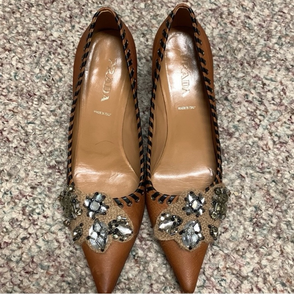 Prada Women's Tan Embellished Heels